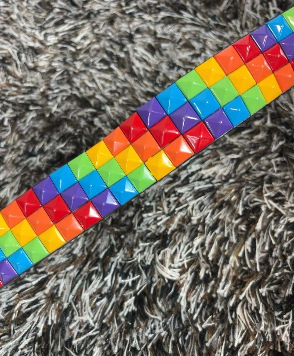 Unisex 3-Row Rainbow Pyramid Studded Punk Belt in Black